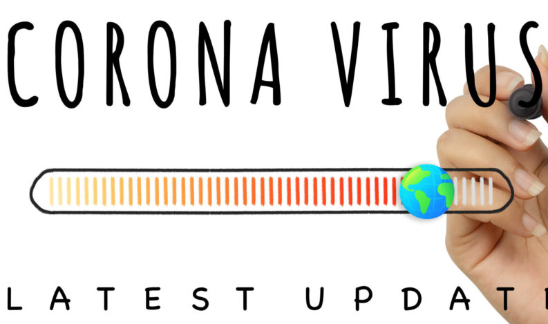 Corona Virus latest update sign written by hand with black marker pen - Covid-19 global epidemic report banner with worldwide country infection progress bar - Pandemic, quarantine and disease concept