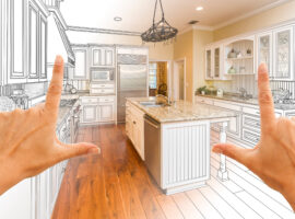 Female Hands Framing Gradated Custom Kitchen Design Drawing and Photo Combination.