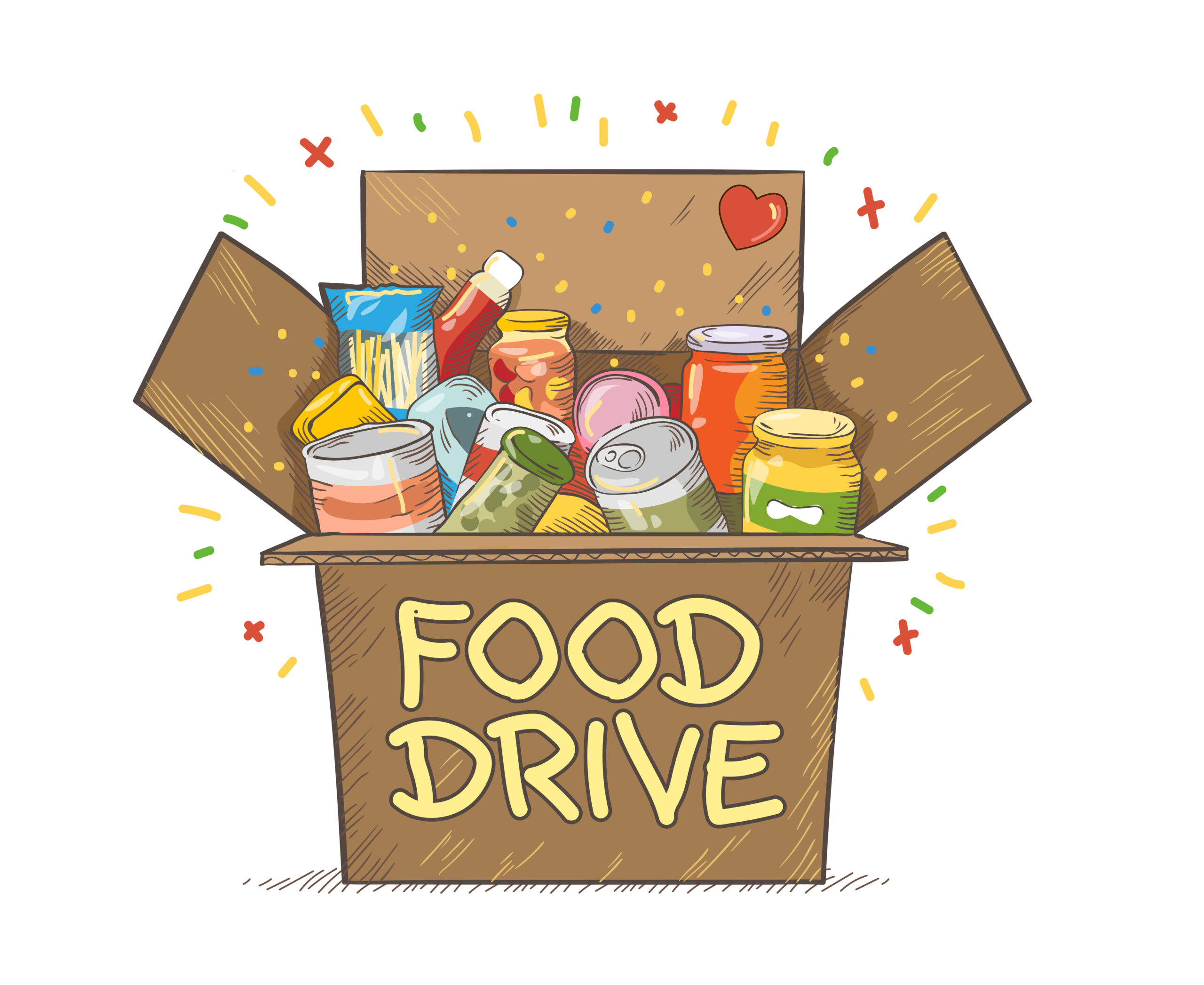 Cartoon image of a cardboard box filled with food and labeled food drive