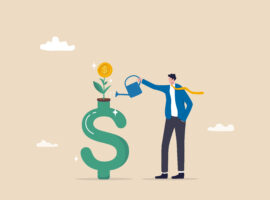 Money growth, growing investment profit or retirement pension fund, increase wealth and earning, income or revenue concept, businessman watering growing seedling with dollar money coin flower.