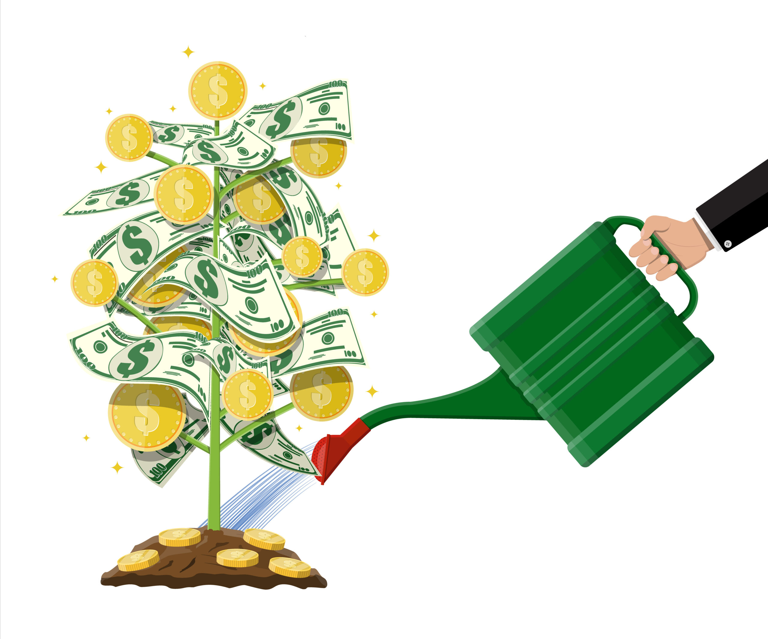 Watering money coin tree with can. Growing money tree. Investment, investing. Gold coins and dollar banknotes on branches. Symbol of wealth. Business success. Flat style vector illustration.